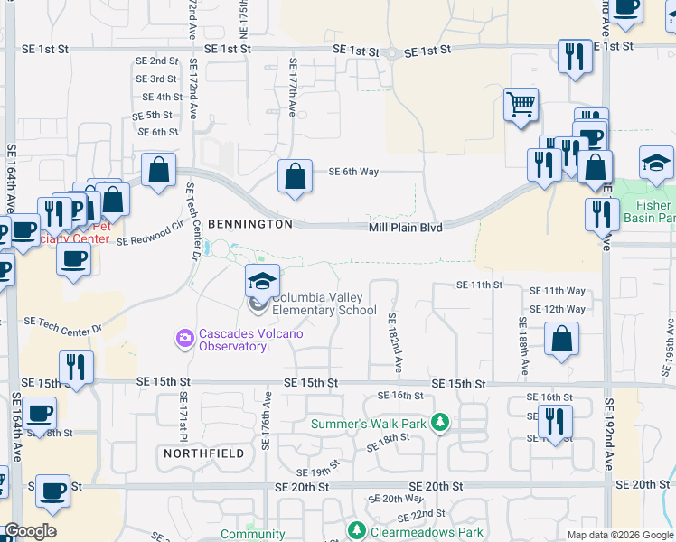 map of restaurants, bars, coffee shops, grocery stores, and more near 1100 Southeast 179th Court in Vancouver