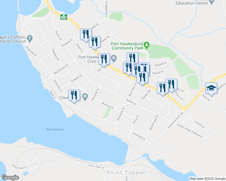 map of restaurants, bars, coffee shops, grocery stores, and more near 622 Queen Street in Port Hawkesbury