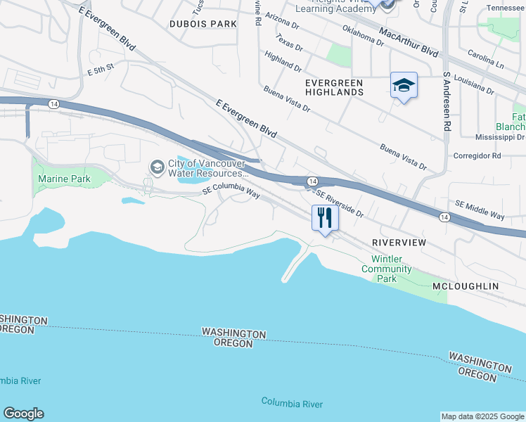 map of restaurants, bars, coffee shops, grocery stores, and more near 5605 Southeast Scenic Lane in Vancouver