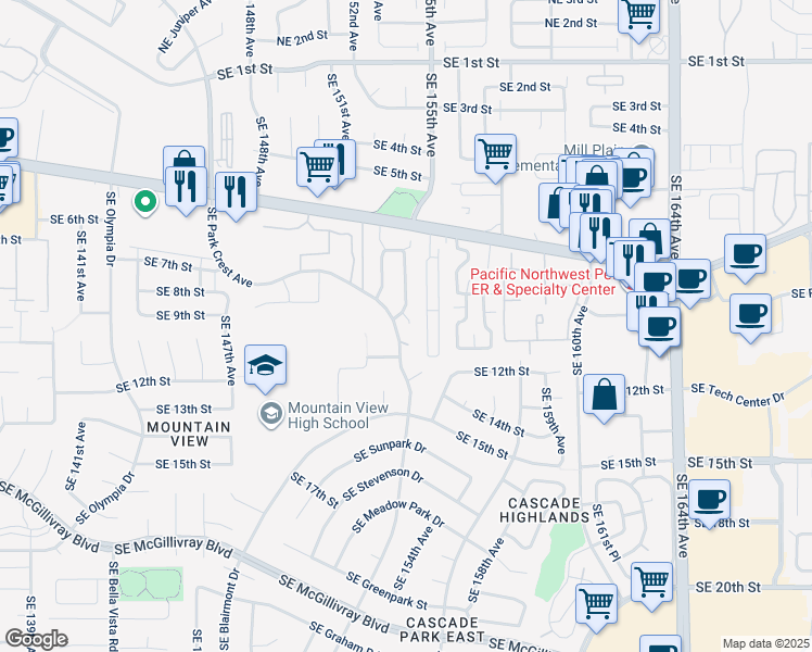 map of restaurants, bars, coffee shops, grocery stores, and more near 1020 Southeast Park Crest Avenue in Vancouver