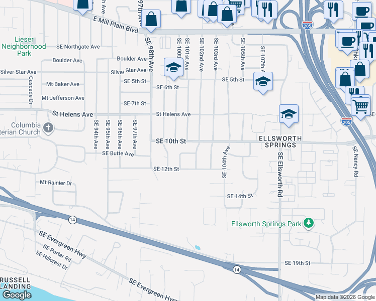 map of restaurants, bars, coffee shops, grocery stores, and more near 10009 Southeast 11th Street in Vancouver
