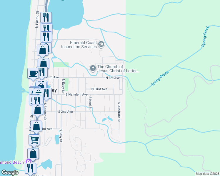 map of restaurants, bars, coffee shops, grocery stores, and more near North First Avenue in Rockaway Beach