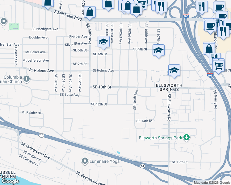 map of restaurants, bars, coffee shops, grocery stores, and more near 1004 Southeast 102nd Avenue in Vancouver