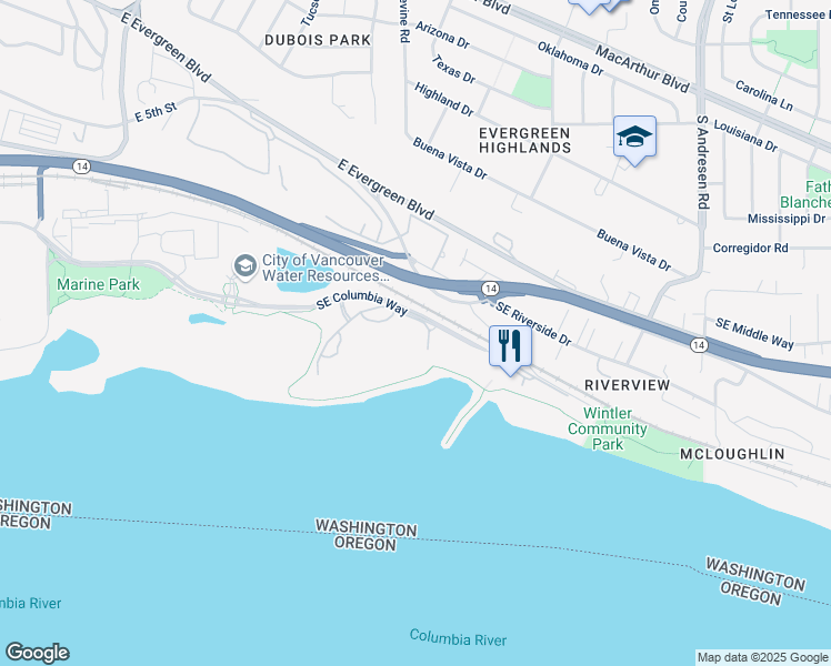 map of restaurants, bars, coffee shops, grocery stores, and more near 5605 Southeast Scenic Lane in Vancouver