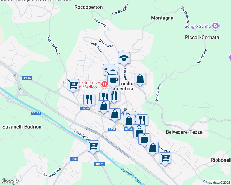 map of restaurants, bars, coffee shops, grocery stores, and more near 31 Piazza Aldo Moro in Cornedo Vicentino