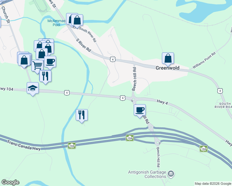 map of restaurants, bars, coffee shops, grocery stores, and more near 1 Beech Hill Road in Antigonish