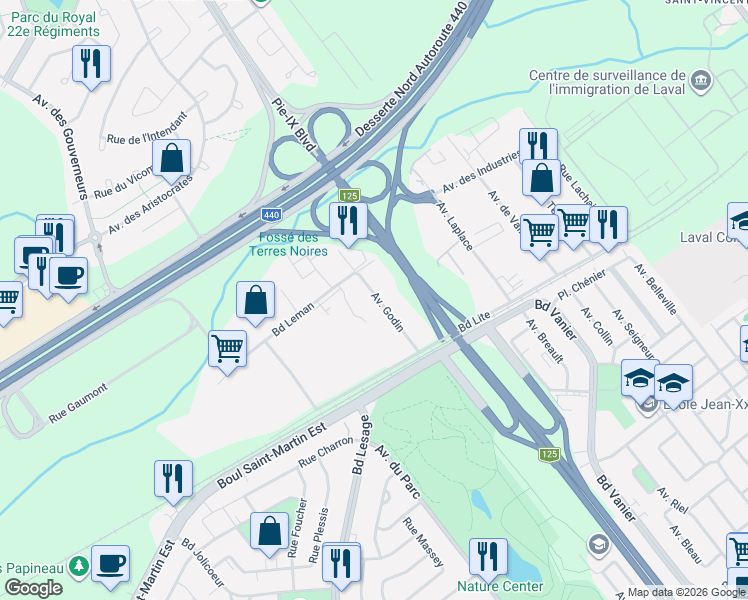 map of restaurants, bars, coffee shops, grocery stores, and more near 1274 Avenue Godin in Laval
