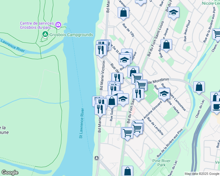 map of restaurants, bars, coffee shops, grocery stores, and more near 17 Rue de Montbrun in Boucherville