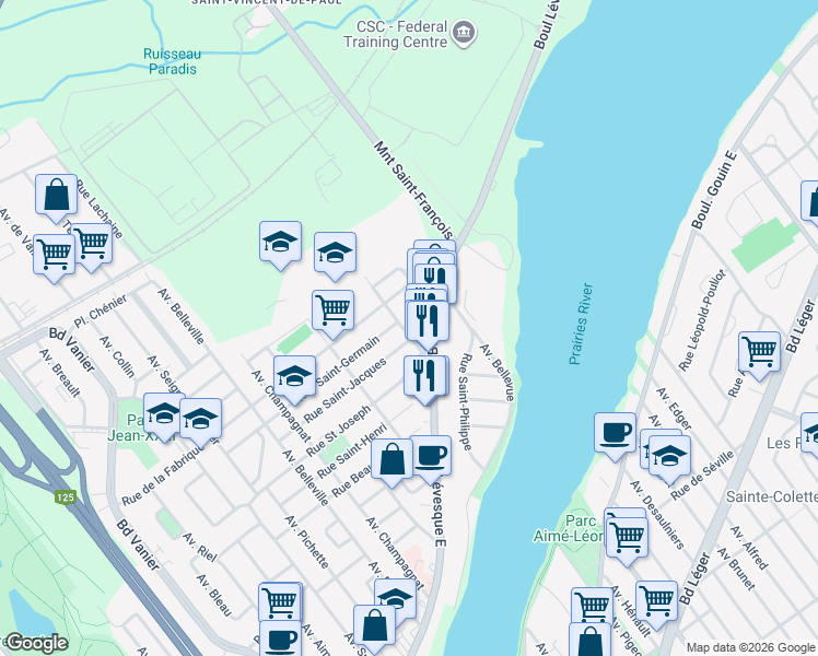 map of restaurants, bars, coffee shops, grocery stores, and more near 1053 Avenue du Collège in Laval