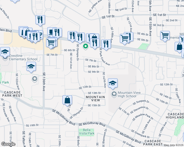 map of restaurants, bars, coffee shops, grocery stores, and more near 14415 Southeast 9th Street in Vancouver
