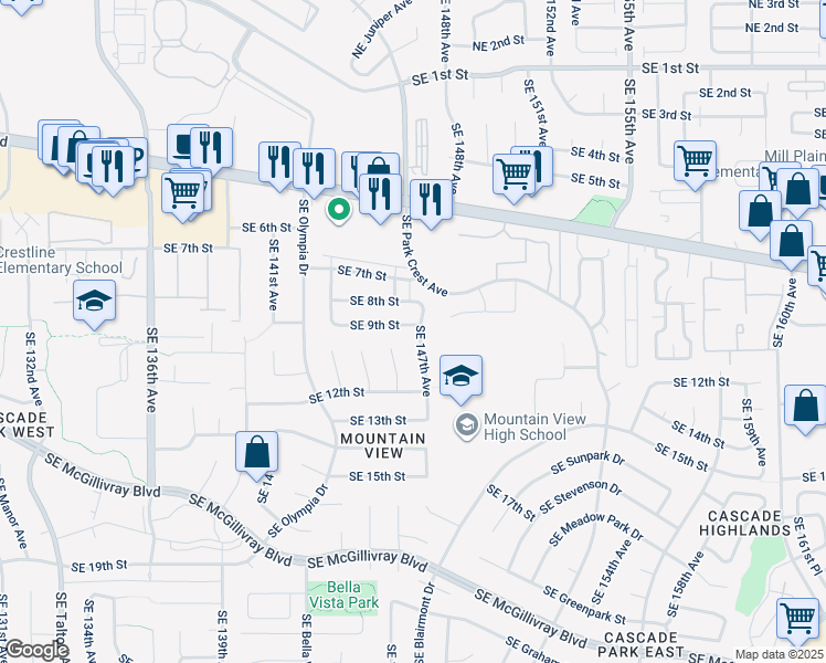 map of restaurants, bars, coffee shops, grocery stores, and more near 1007 Southeast 146th Court in Vancouver