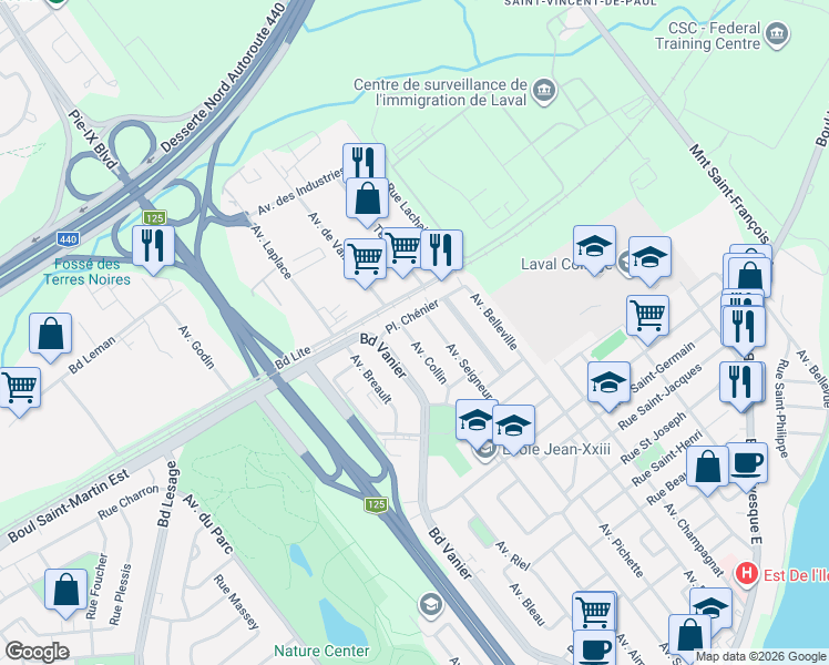 map of restaurants, bars, coffee shops, grocery stores, and more near 1175 Avenue Collin in Laval