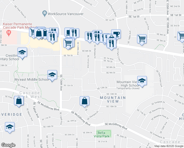 map of restaurants, bars, coffee shops, grocery stores, and more near 1005 Southeast 141st Court in Vancouver