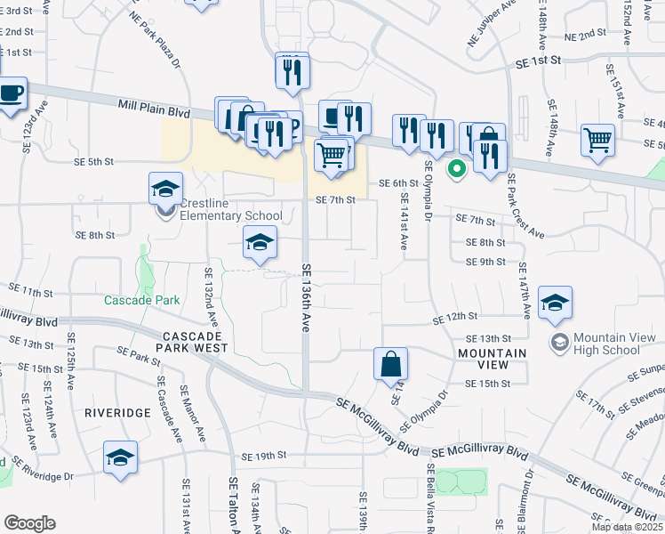 map of restaurants, bars, coffee shops, grocery stores, and more near 13720 Southeast 11th Circle in Vancouver