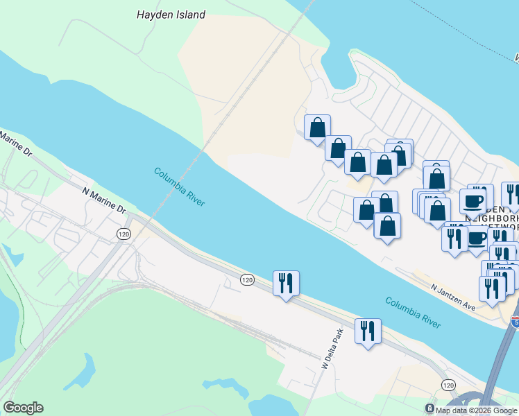map of restaurants, bars, coffee shops, grocery stores, and more near 2630 North Hayden Island Drive in Portland