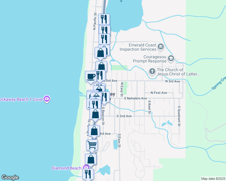 map of restaurants, bars, coffee shops, grocery stores, and more near 140 North Coral Street in Rockaway Beach