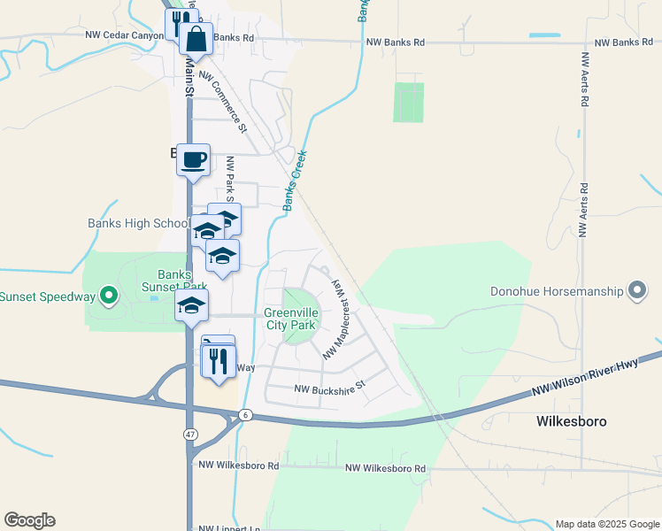map of restaurants, bars, coffee shops, grocery stores, and more near 12946 Northwest Maplecrest Way in Banks