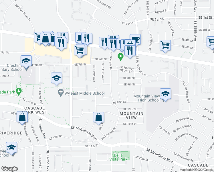 map of restaurants, bars, coffee shops, grocery stores, and more near 1005 Southeast 141st Court in Vancouver