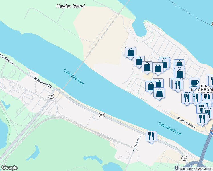map of restaurants, bars, coffee shops, grocery stores, and more near 2630 North Hayden Island Drive in Portland