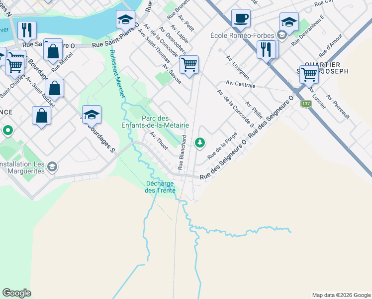 map of restaurants, bars, coffee shops, grocery stores, and more near 1675 Rue Blanchard in Saint-Hyacinthe