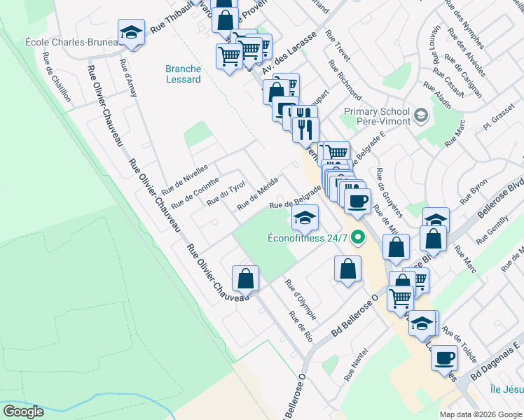 map of restaurants, bars, coffee shops, grocery stores, and more near Rue de Belgrade Ouest in Laval