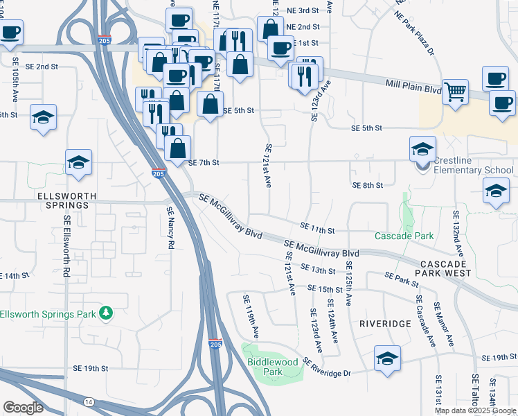 map of restaurants, bars, coffee shops, grocery stores, and more near 11911 Southeast 11th Street in Vancouver
