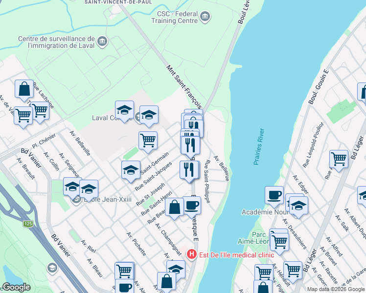 map of restaurants, bars, coffee shops, grocery stores, and more near 1053 Avenue du Collège in Laval