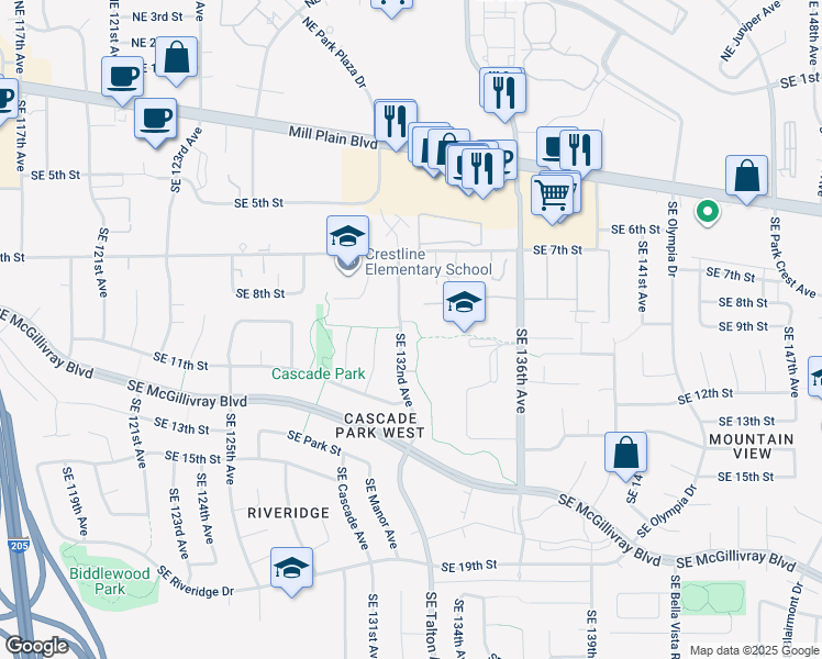 map of restaurants, bars, coffee shops, grocery stores, and more near 1021 Southeast 132nd Avenue in Vancouver
