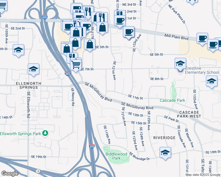 map of restaurants, bars, coffee shops, grocery stores, and more near 11911 Southeast 11th Street in Vancouver