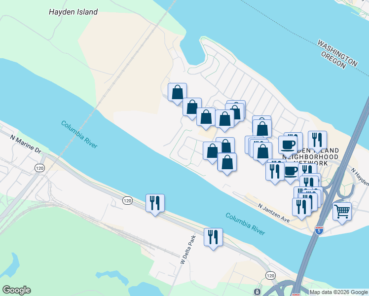 map of restaurants, bars, coffee shops, grocery stores, and more near 12261 North Westshore Drive in Portland