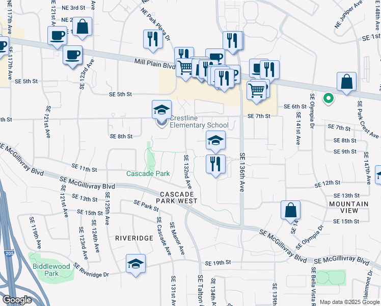 map of restaurants, bars, coffee shops, grocery stores, and more near 1021 Southeast 132nd Avenue in Vancouver
