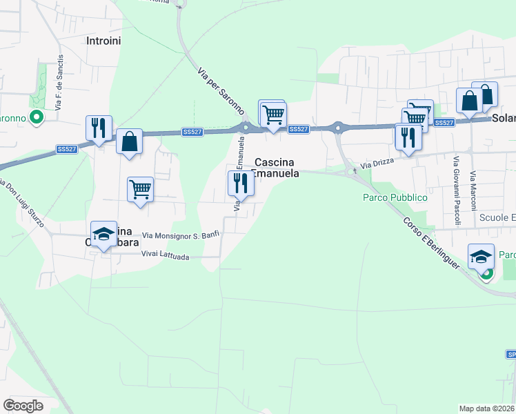 map of restaurants, bars, coffee shops, grocery stores, and more near 36 Via per Cascina Emanuela in Solaro