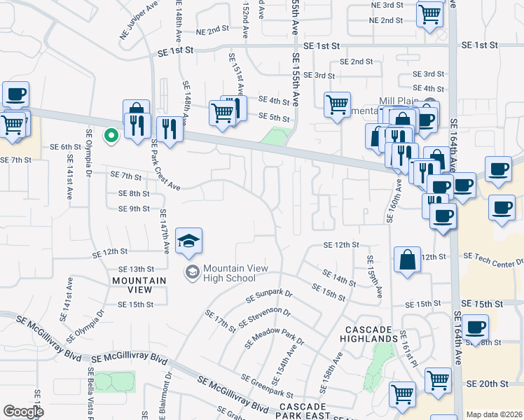 map of restaurants, bars, coffee shops, grocery stores, and more near 1020 Southeast Park Crest Avenue in Vancouver