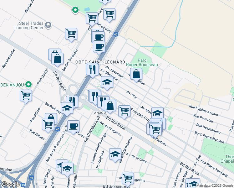 map of restaurants, bars, coffee shops, grocery stores, and more near 7440 Avenue Mousseau in Montréal