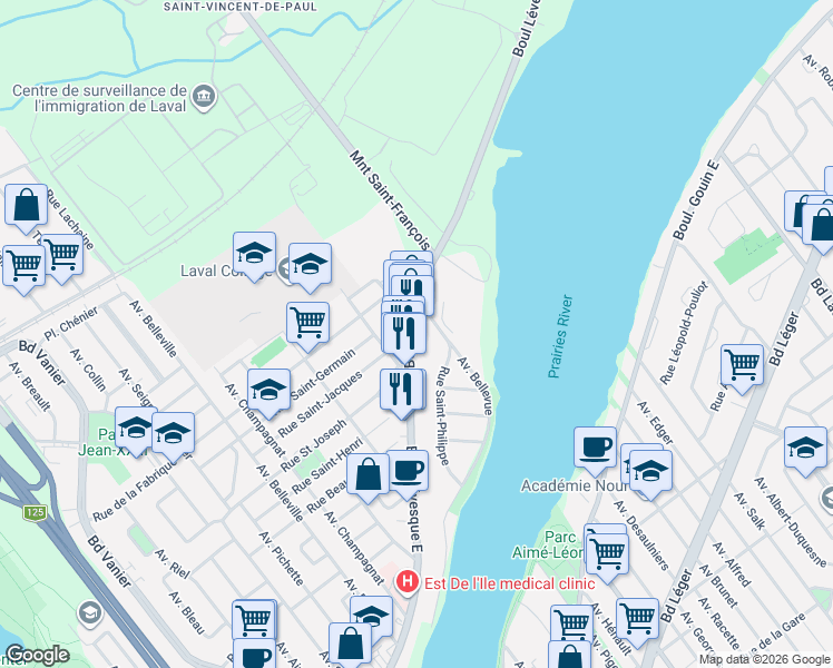 map of restaurants, bars, coffee shops, grocery stores, and more near 4035 Boulevard Lévesque O in Laval