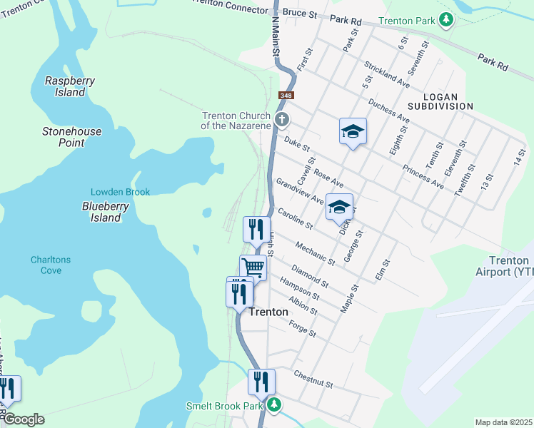 map of restaurants, bars, coffee shops, grocery stores, and more near 181 Main Street in Trenton