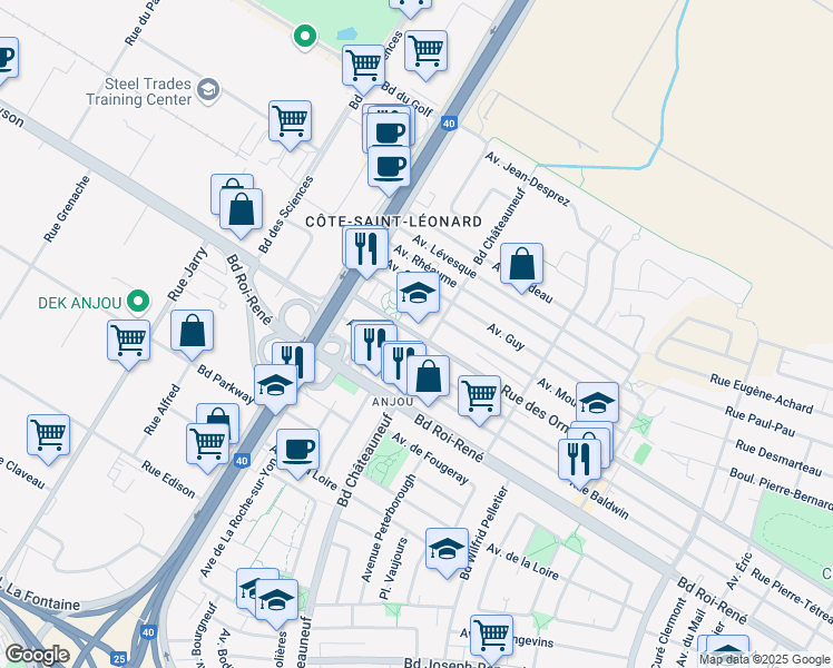 map of restaurants, bars, coffee shops, grocery stores, and more near 7725 Avenue des Ormeaux in Montreal