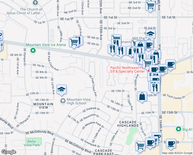 map of restaurants, bars, coffee shops, grocery stores, and more near 915 Southeast 153rd Avenue in Vancouver