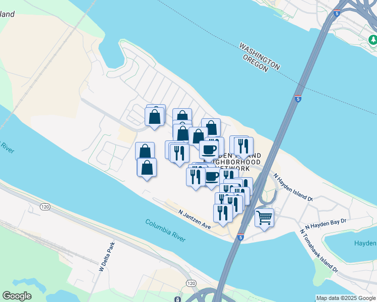 map of restaurants, bars, coffee shops, grocery stores, and more near 1760 Jantzen Beach Center in Portland