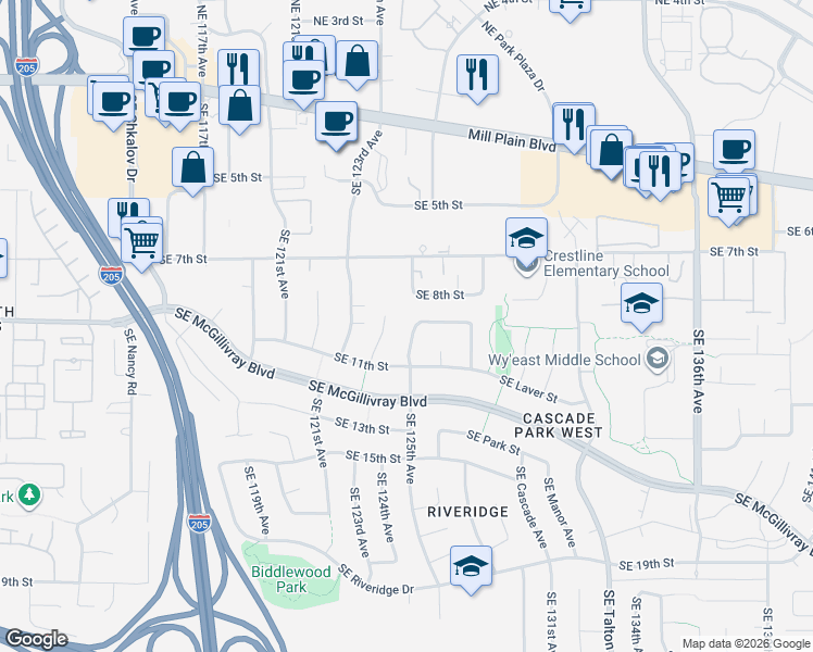 map of restaurants, bars, coffee shops, grocery stores, and more near 1018 Southeast 125th Avenue in Vancouver