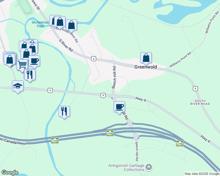 map of restaurants, bars, coffee shops, grocery stores, and more near 9107 Beech Hill Road in Antigonish