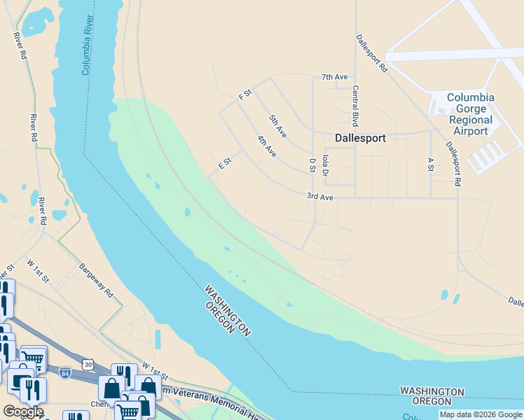 map of restaurants, bars, coffee shops, grocery stores, and more near Sunridge Avenue in Dallesport