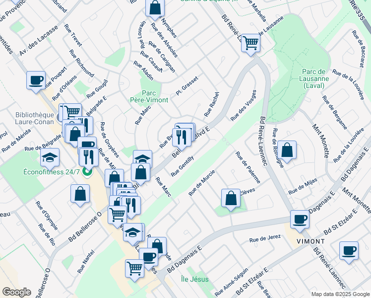map of restaurants, bars, coffee shops, grocery stores, and more near 134 Boulevard Bellerose Est in Laval