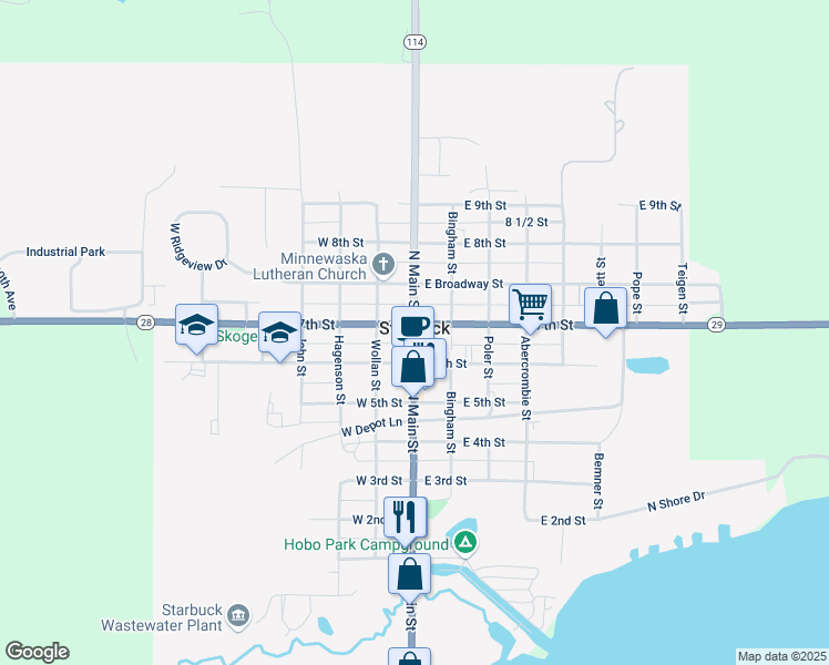 map of restaurants, bars, coffee shops, grocery stores, and more near 605 Main Street in Starbuck