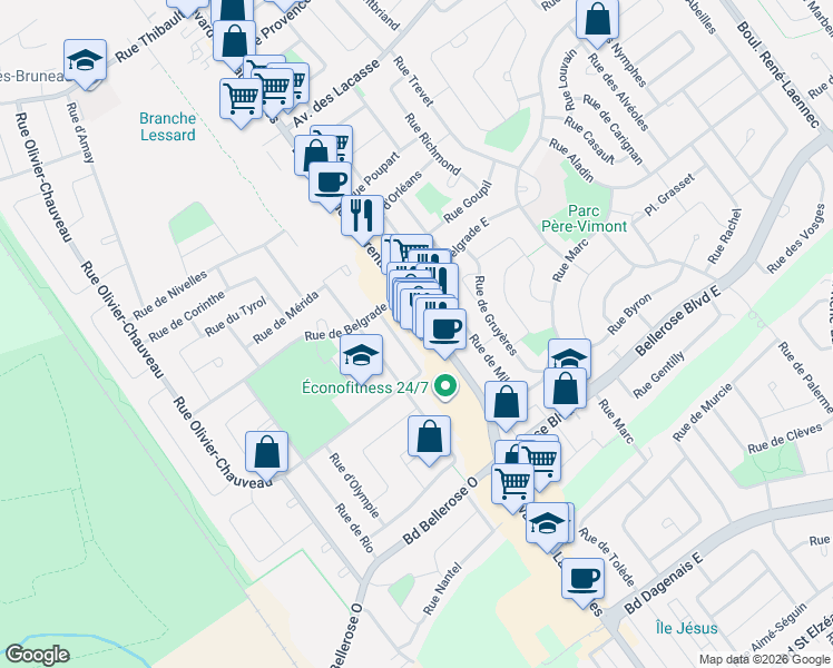 map of restaurants, bars, coffee shops, grocery stores, and more near 3000 Boulevard des Laurentides in Laval