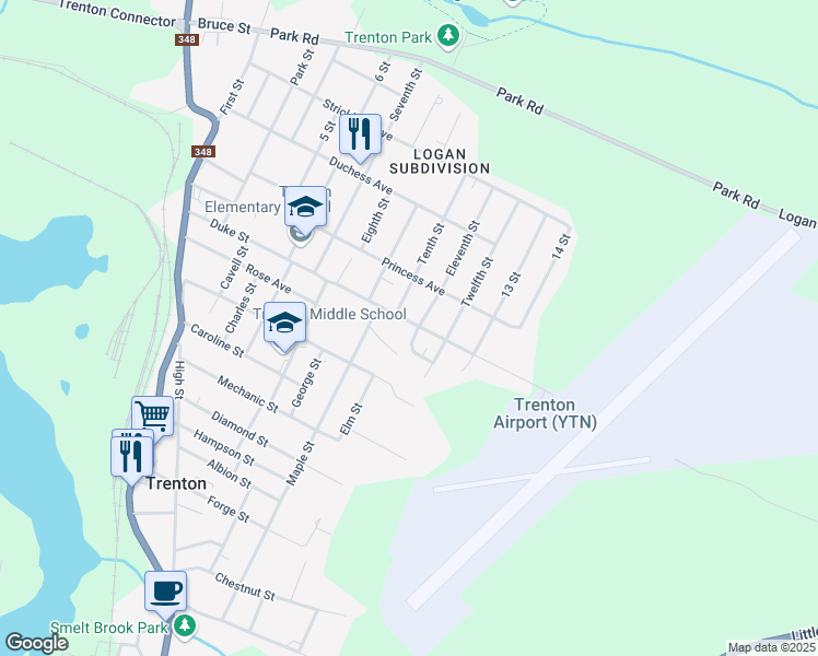 map of restaurants, bars, coffee shops, grocery stores, and more near 110 Duke Street in Trenton