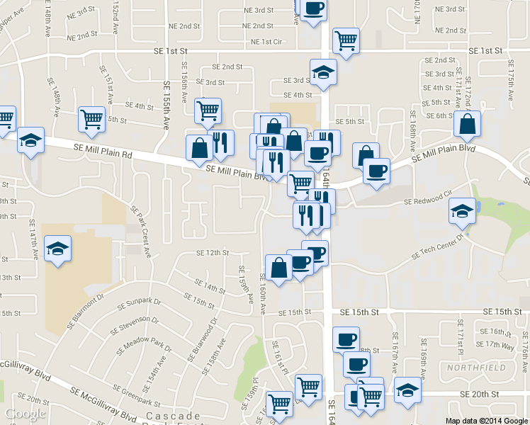 map of restaurants, bars, coffee shops, grocery stores, and more near 1000 Southeast 160th Avenue in Vancouver