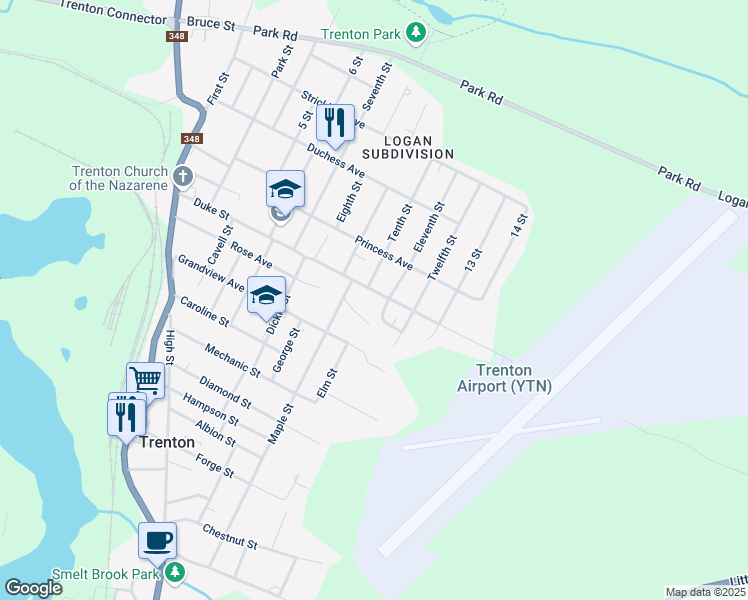 map of restaurants, bars, coffee shops, grocery stores, and more near 106 Duke Street in Trenton