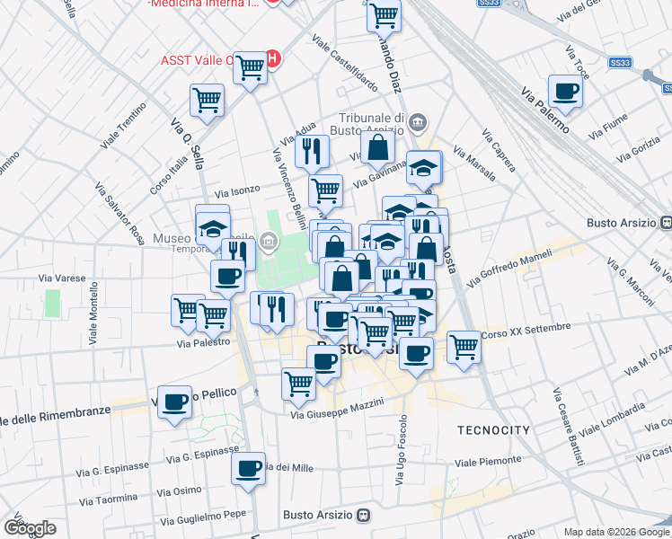 map of restaurants, bars, coffee shops, grocery stores, and more near 6 Via Mentana in Busto Arsizio