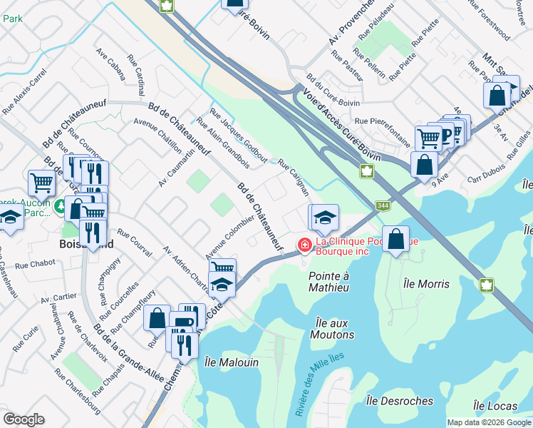 map of restaurants, bars, coffee shops, grocery stores, and more near 574 Boulevard de Châteauneuf in Boisbriand